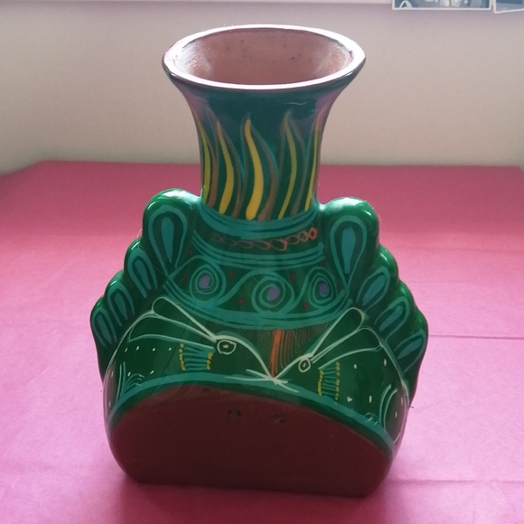 Vintage 2007 pottery vase decor, Mexican folk art, turquoise, pink, yellow - Picture 3 of 7